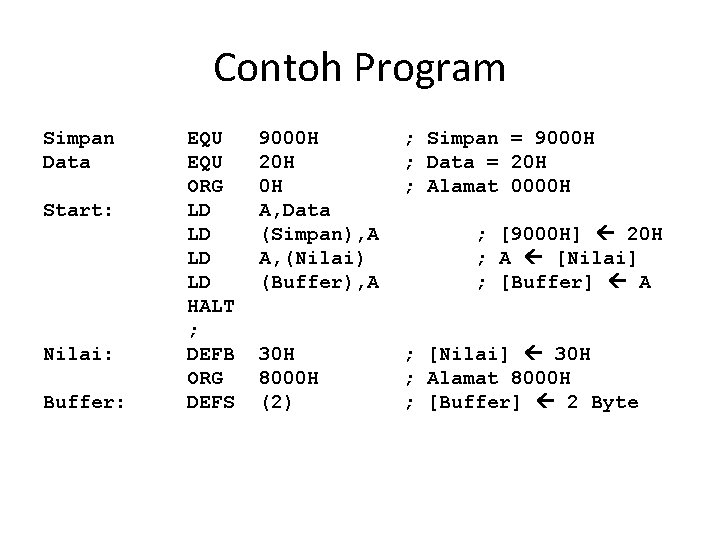 Contoh Program Simpan Data Start: Nilai: Buffer: EQU ORG LD LD HALT ; DEFB