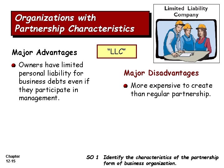 Organizations with Partnership Characteristics “LLC” Major Advantages Owners have limited personal liability for business