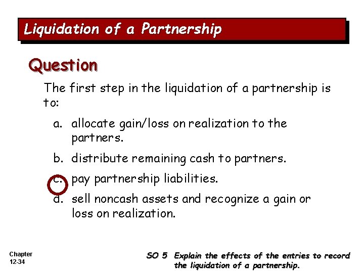Liquidation of a Partnership Question The first step in the liquidation of a partnership