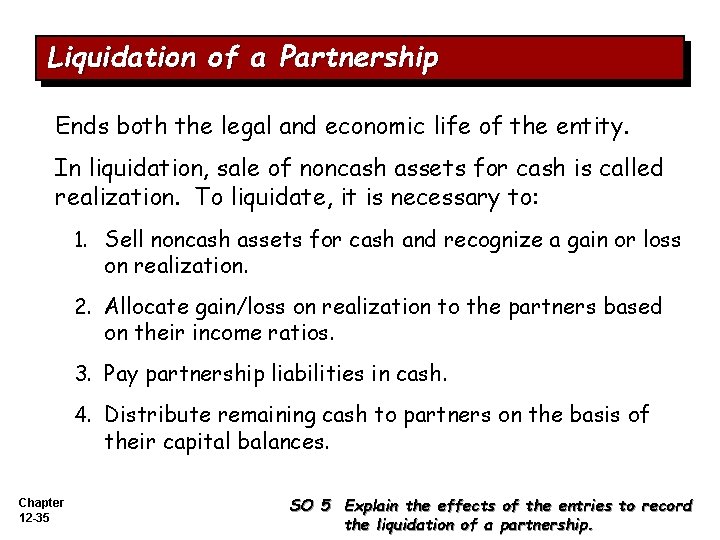 Liquidation of a Partnership Ends both the legal and economic life of the entity.