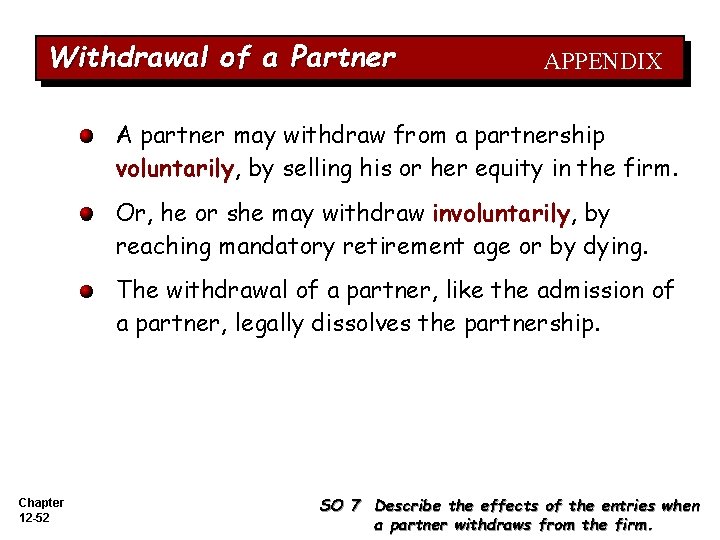 Withdrawal of a Partner APPENDIX A partner may withdraw from a partnership voluntarily, by