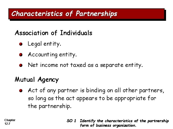 Characteristics of Partnerships Association of Individuals Legal entity. Accounting entity. Net income not taxed