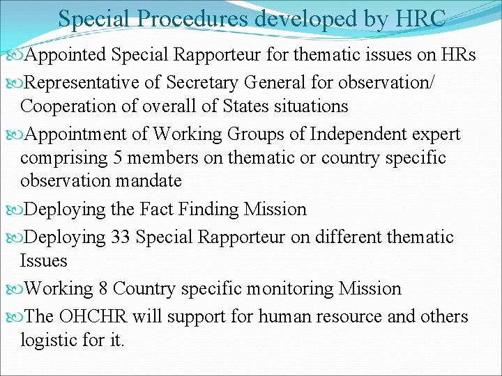 Special Procedures developed by HRC Appointed Special Rapporteur for thematic issues on HRs Representative Special Procedures developed by HRC Appointed Special Rapporteur for thematic issues on HRs Representative