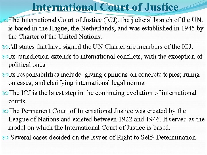 International Court of Justice The International Court of Justice (ICJ), the judicial branch of International Court of Justice The International Court of Justice (ICJ), the judicial branch of