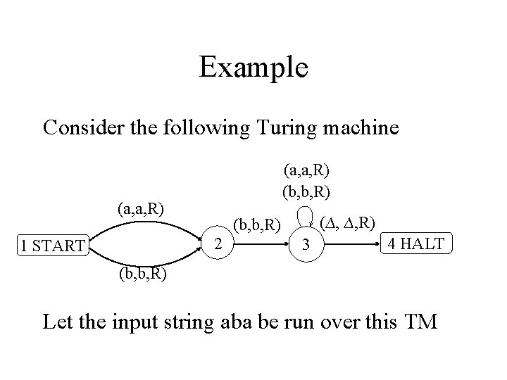 Example Consider the following Turing machine (a, a, R) (b, b, R) (a, a,