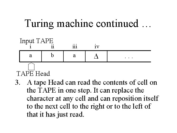 Turing machine continued … Input TAPE i a ii b iii a iv ∆