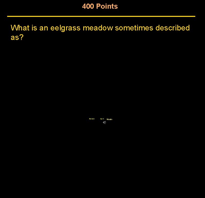 400 Points What is an eelgrass meadow sometimes described as? Answer | Back | 400 Points What is an eelgrass meadow sometimes described as? Answer | Back |