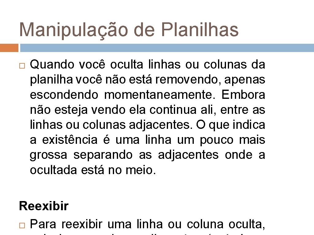 Manipulação de Planilhas Quando você oculta linhas ou colunas da planilha você não está