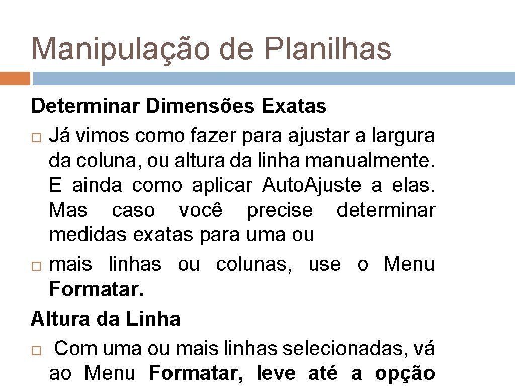 Manipulação de Planilhas Determinar Dimensões Exatas Já vimos como fazer para ajustar a largura