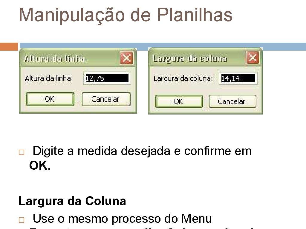 Manipulação de Planilhas Digite a medida desejada e confirme em OK. Largura da Coluna