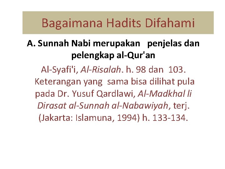 Bagaimana Hadits Difahami A. Sunnah Nabi merupakan penjelas dan pelengkap al-Qur'an Al-Syafi'i, Al-Risalah. h.
