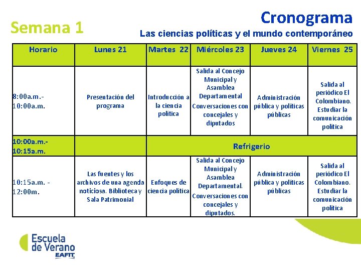 Cronograma Semana 1 Horario 8: 00 a. m. 10: 15 a. m. 12: 00