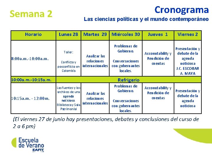 Cronograma Semana 2 Horario Las ciencias políticas y el mundo contemporáneo Lunes 28 Martes