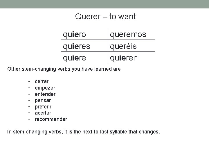 Querer – to want quiero quieres quiere queremos queréis quieren Other stem-changing verbs you