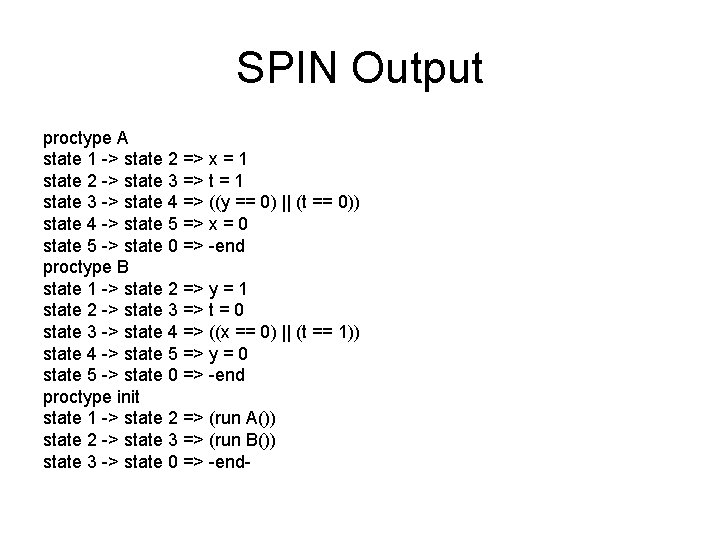 SPIN Output proctype A state 1 -> state 2 => x = 1 state