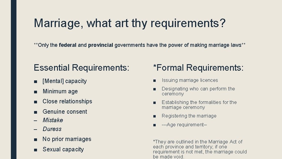 Marriage, what art thy requirements? **Only the federal and provincial governments have the power