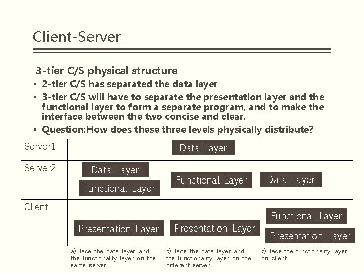 Client-Server 3 -tier C/S physical structure § 2 -tier C/S has separated the data