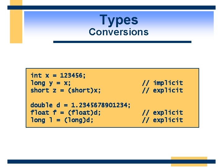 Types Conversions int x = 123456; long y = x; short z = (short)x;