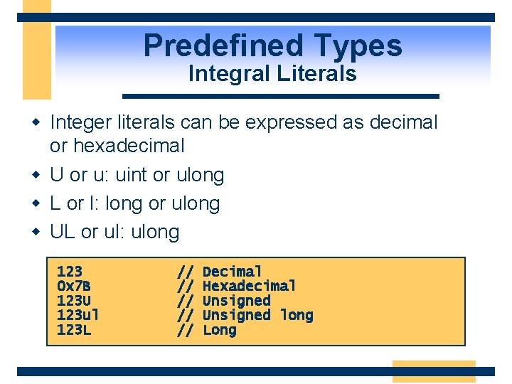 Predefined Types Integral Literals w Integer literals can be expressed as decimal or hexadecimal