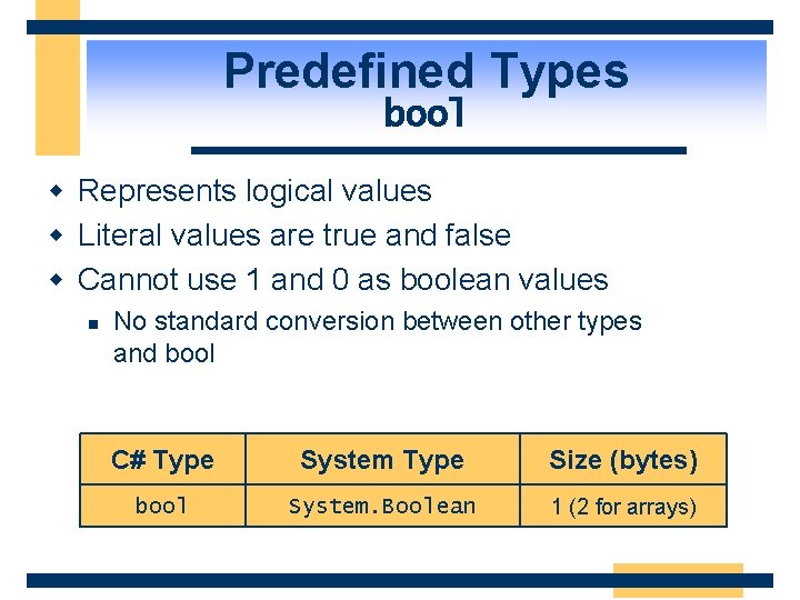 Predefined Types bool w Represents logical values w Literal values are true and false