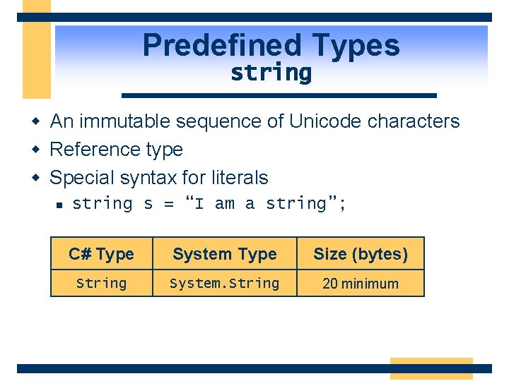 Predefined Types string w An immutable sequence of Unicode characters w Reference type w