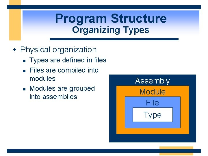 Program Structure Organizing Types w Physical organization n Types are defined in files Files