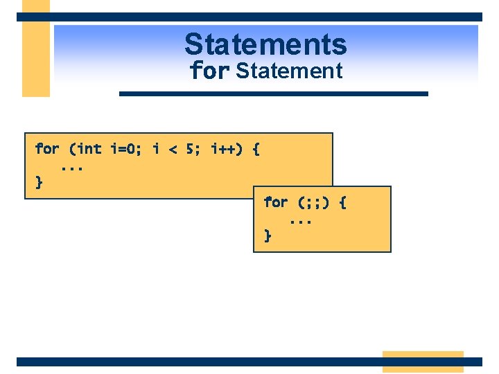 Statements for Statement for (int i=0; i < 5; i++) {. . . }