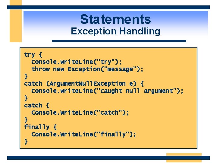 Statements Exception Handling try { Console. Write. Line("try"); throw new Exception(“message”); } catch (Argument.