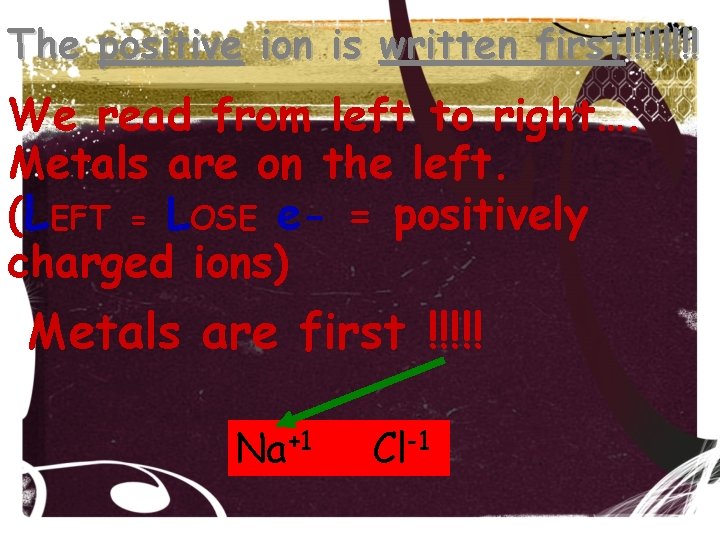 The positive ion is written first!!!! We read from left to right…. Metals are The positive ion is written first!!!! We read from left to right…. Metals are