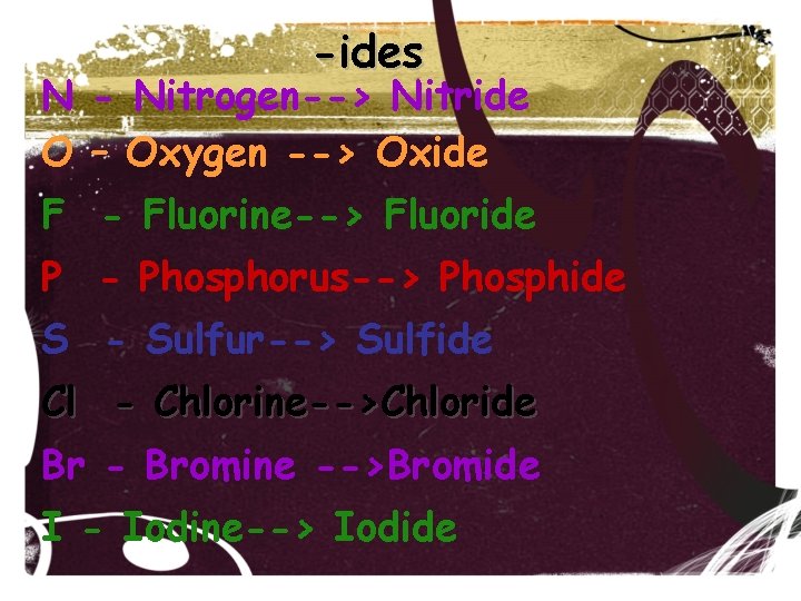 -ides N - Nitrogen--> Nitride O – Oxygen --> Oxide F - Fluorine--> Fluoride -ides N - Nitrogen--> Nitride O – Oxygen --> Oxide F - Fluorine--> Fluoride