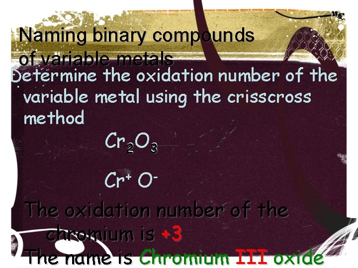 Naming binary compounds of variable metals Determine the oxidation number of the variable metal Naming binary compounds of variable metals Determine the oxidation number of the variable metal