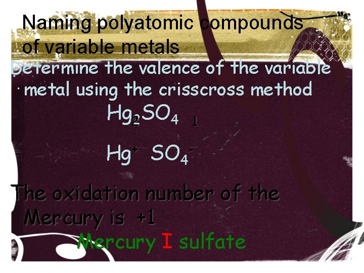 Naming polyatomic compounds of variable metals Determine the valence of the variable metal using Naming polyatomic compounds of variable metals Determine the valence of the variable metal using
