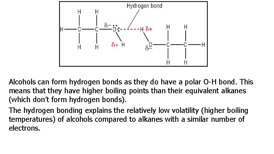 Alcohols can form hydrogen bonds as they do have a polar O-H bond. This