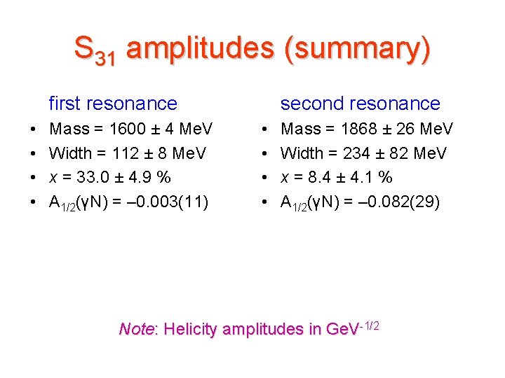 S 31 amplitudes (summary) first resonance • • Mass = 1600 ± 4 Me.