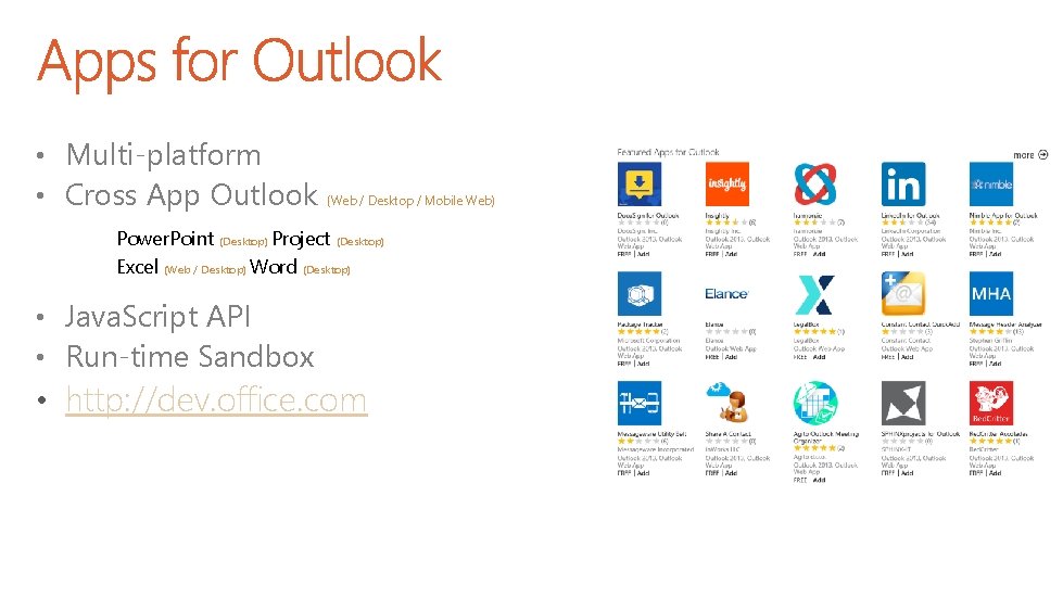  • Multi-platform • Cross App Outlook (Web / Desktop / Mobile Web) Power.