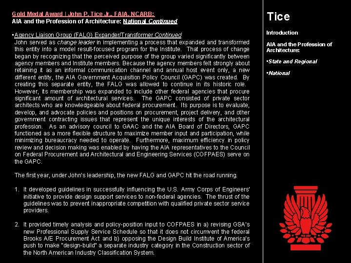 Gold Medal Award | John P. Tice Jr. , FAIA, NCARB: AIA and the