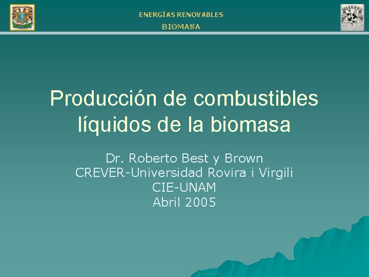 ENERGÏAS RENOVABLES BIOMASA Producción de combustibles líquidos de la biomasa Dr. Roberto Best y