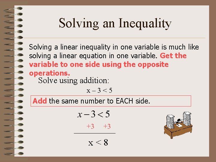 Solving an Inequality Solving a linear inequality in one variable is much like solving