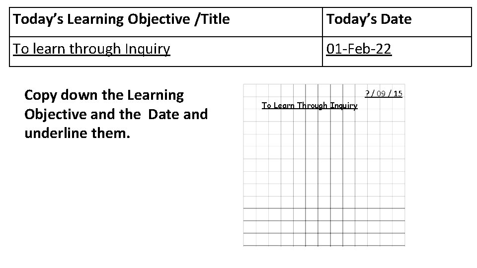 Today’s Learning Objective /Title Today’s Date To learn through Inquiry 01 -Feb-22 Copy down