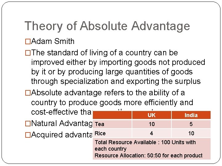 Theory of Absolute Advantage �Adam Smith �The standard of living of a country can