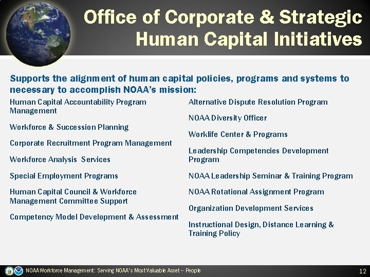 Office of Corporate & Strategic Human Capital Initiatives Supports the alignment of human capital