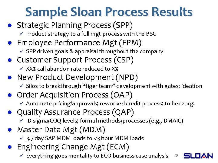 Sample Sloan Process Results l Strategic Planning Process (SPP) ü l Employee Performance Mgt