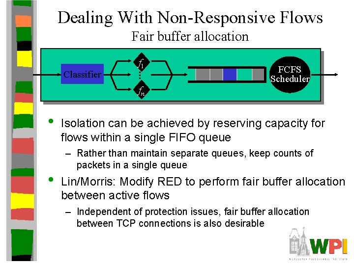 Dealing With Non-Responsive Flows Fair buffer allocation. . . Classifier f 1 FCFS Scheduler