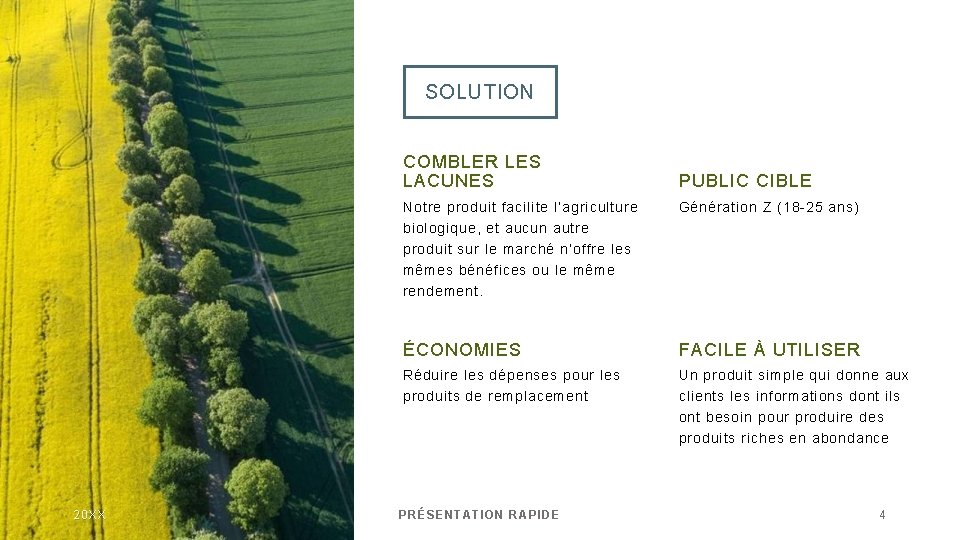 SOLUTION COMBLER LES LACUNES PUBLIC CIBLE Notre produit facilite l’agriculture Génération Z (18 -25