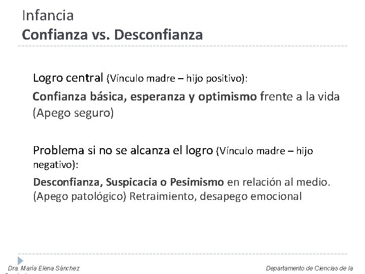 Infancia Confianza vs. Desconfianza Logro central (Vínculo madre – hijo positivo): Confianza básica, esperanza