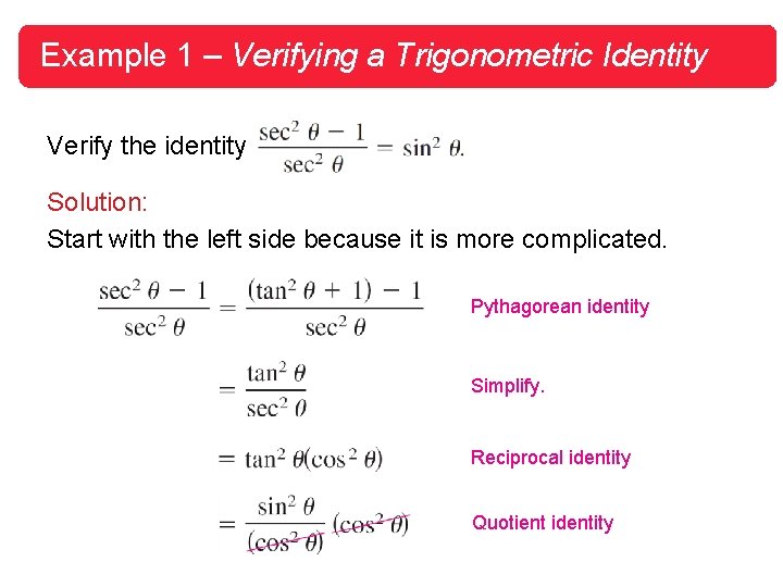 Example 1 – Verifying a Trigonometric Identity Verify the identity Solution: Start with the