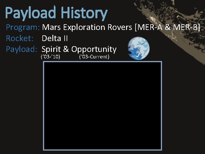 Payload History Program: Mars Exploration Rovers [MER-A & MER-B] Rocket: Delta II Payload: Spirit