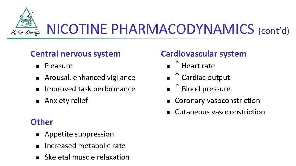 NICOTINE PHARMACODYNAMICS (cont’d) Central nervous system n n Pleasure Arousal, enhanced vigilance Improved task