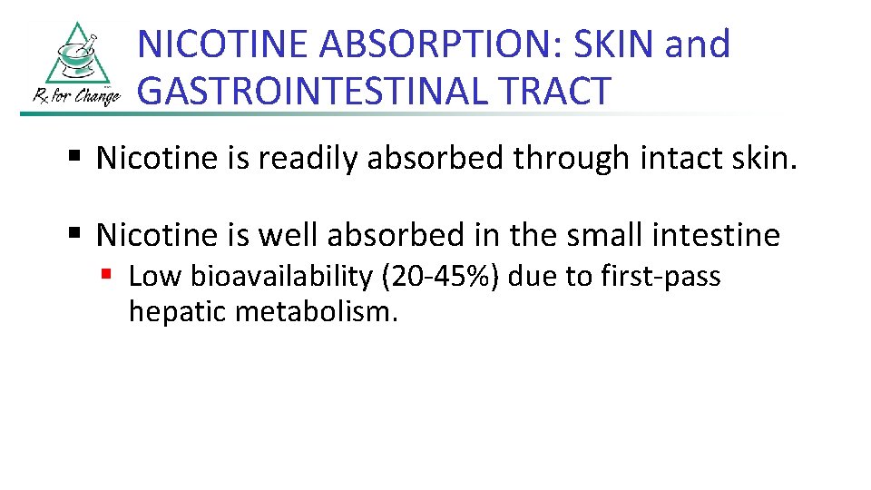 NICOTINE ABSORPTION: SKIN and GASTROINTESTINAL TRACT § Nicotine is readily absorbed through intact skin.