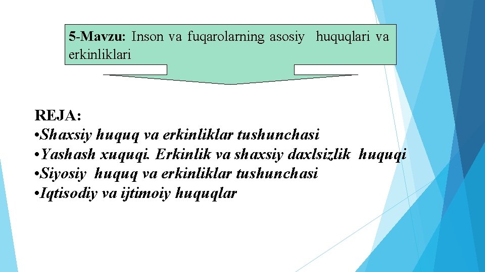 5 -Mavzu: Inson va fuqarolarning asosiy huquqlari va erkinliklari REJA: • Shaxsiy huquq va